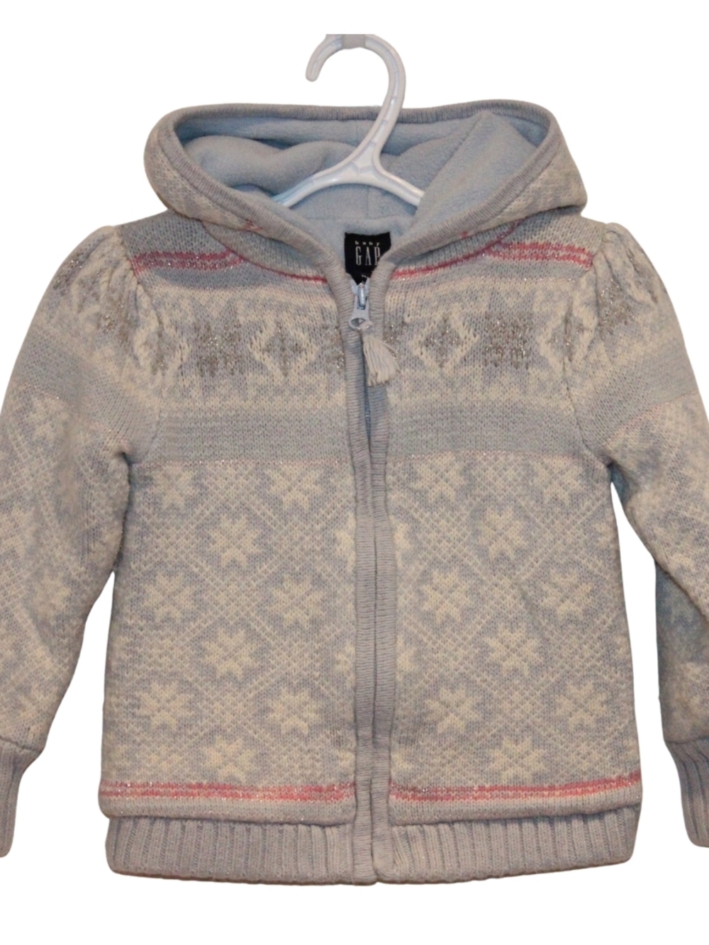 3/$25 🏷 Gap Light Blue Fleece Lined Winter Print Knit Zip Hoodie 4